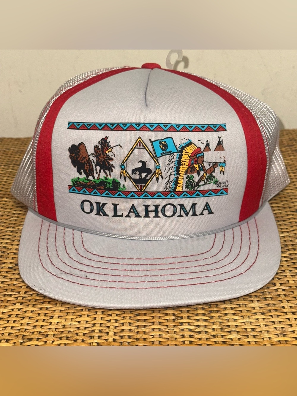 Vintage 90s Headwear Oklahoma Aztec Snapback Hat Cap Cherokee Trading Post Gray